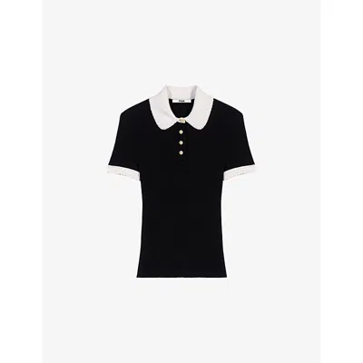 Maje Womens  Short-sleeved Ribbed Knitted Polo Shirt In Black