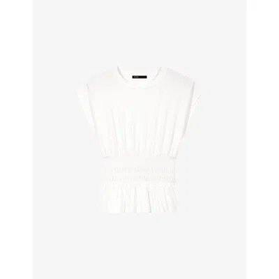 Maje Womens White Short-sleeved Smocked-waist Cotton T-shirt