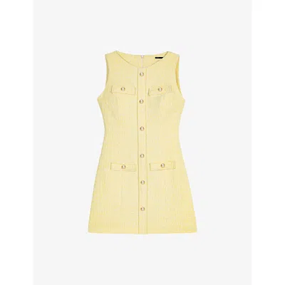 Maje Womens Pale Yellow Sleeveless Button-front Tweed Mini Dress In Gold