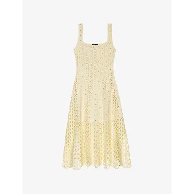 MAJE WOMENS MAJE SQUARE-NECK CROCHET-EMBROIDERED SLEEVELESS KNITTED MIDI DRESS