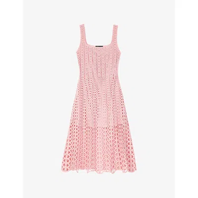 Maje Womens Pink Square-neck Rhinestone-embellished Crochet Midi Dress