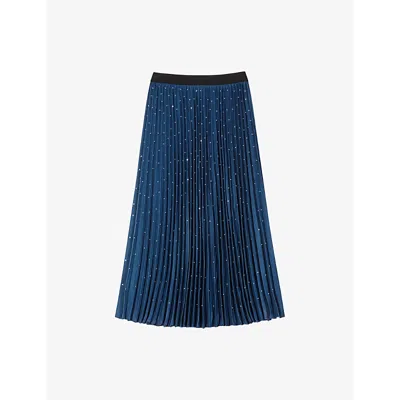 MAJE WOMENS BLEUS STUD-EMBELLISHED PLEATED WOVEN MIDI SKIRT