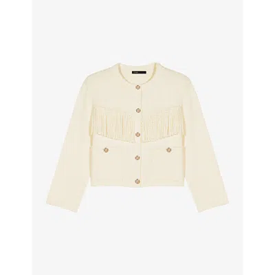 Maje Womens Tassel-embellished Long-sleeve Cotton-blend Cardigan Blanc
