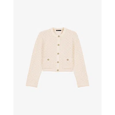 Maje Womens Blanc Tweed-pattern Cropped Knitted Cardigan