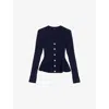 Maje Womens Navy V-neck Peplum-waist Stretch-knit Cardigan In Blue