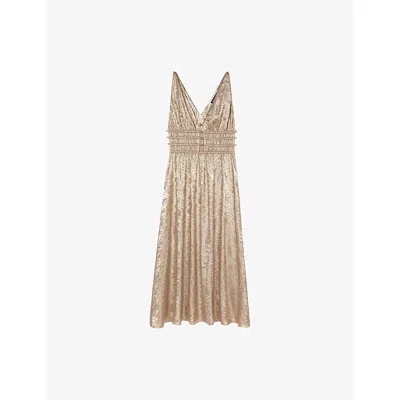 Maje Womens V-neck Sleeveless Metallic Maxi Dress Or