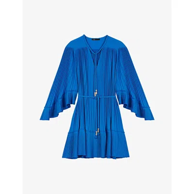 Maje Womens Blue V-neck Pleated Woven Mini Dress