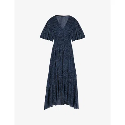 Maje Womens Navy V-neck Ruffled Woven Maxi Dress In Blue