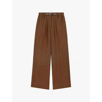 Maje Womens Brown Wide-leg Belted Linen Trousers