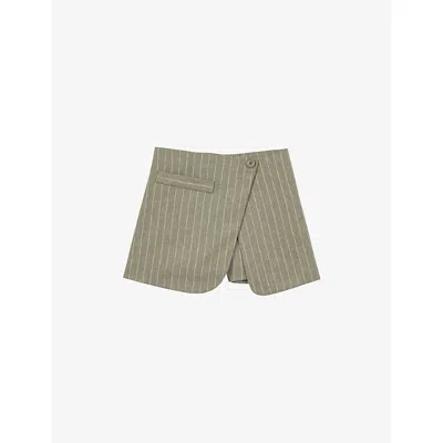 Maje Womens Khaki Wrap-front Pinstriped Linen-blend Shorts In Gray