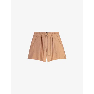 Maje Iostan Mid Rise Linen Blend Shorts In Marron/brown