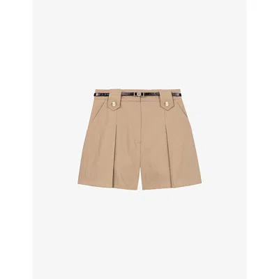 Maje Womens Mastic Beige High-rise Pleated Cotton Shorts In Neutral