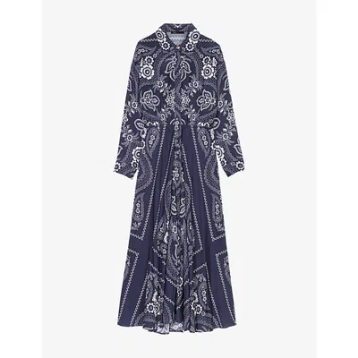 Maje Womens Navy Bandana Print Paisley-print Long-sleeve Woven Maxi Dress In Gray