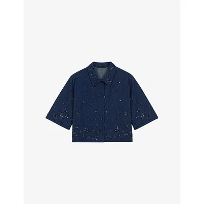 Maje Womens Navy Bead-embellished Cropped Denim Shirt In Blue