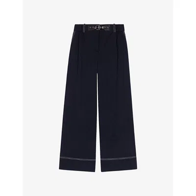 Maje Womens Navy Belted-waist Contrast-stitch Stretch-cotton Trousers In Blue
