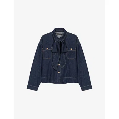 Maje Womens Navy Bow Relaxed-fit Denim Shirt In Blue