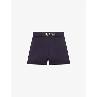 Maje Womens Navy Buckle-embellished Elasticated-waist Satin Shorts In Blue