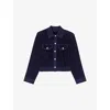 Maje Womens Navy Button-down Cropped Stretch-velvet Jacket In Blue