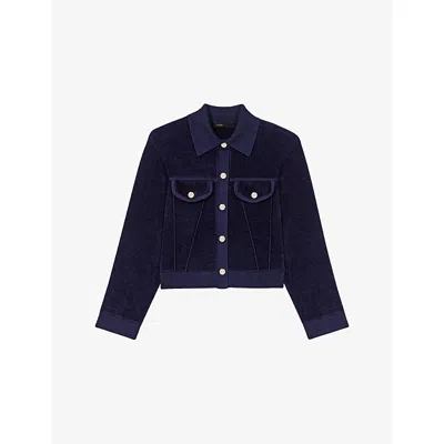 MAJE WOMENS BUTTON-DOWN CROPPED STRETCH-VELVET JACKET NAVY
