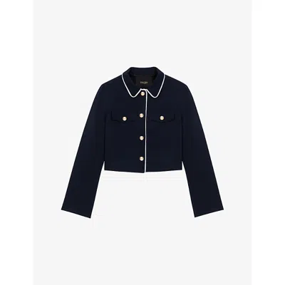 Maje Womens Navy Contrast-trim Cropped Cotton-blend Jacket In Black