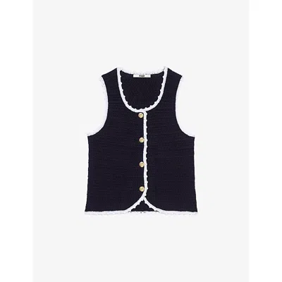 Maje Womens Navy Crochet-trim Sleeveless Knitted Top In Blue
