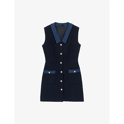 Maje Womens Navy Denim-trim Sleeveless Tweed Mini Dress In Black