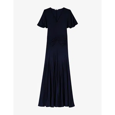 Maje Womens Navy Draped V-neck Satin Maxi Dress In Blue