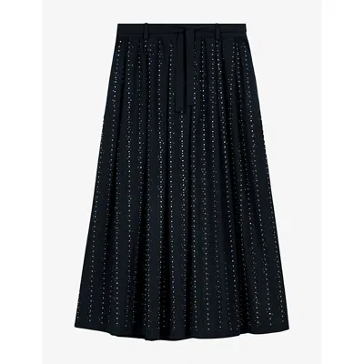 Maje Womens Navy Flared Rhinestone-embellished Stretch Cotton-blend Midi Skirt