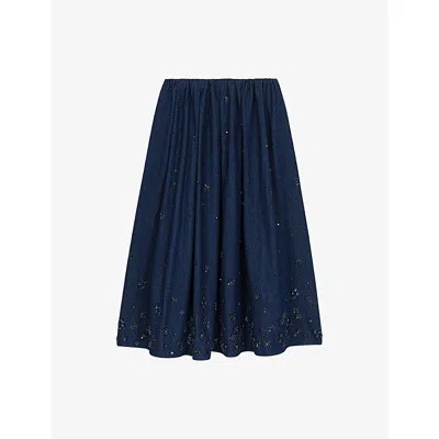 Maje Womens Navy Flared Sequin-embroidered Denim Midi Skirt In Blue