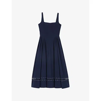 Maje Womens Navy Flared Square-neck Stretch-cotton Midi Dress In Blue