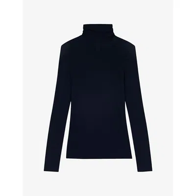 Maje Womens Navy High-neck Slim-fit Wool And Silk Jumper In Blue