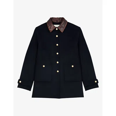 Maje Womens Navy Leather-collar Double-faced Wool-blend Coat