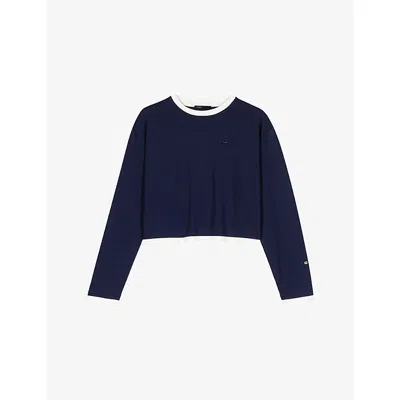 Maje Womens Navy Logo-embroidered Layered-effect Cotton T-shirt In Animal Print