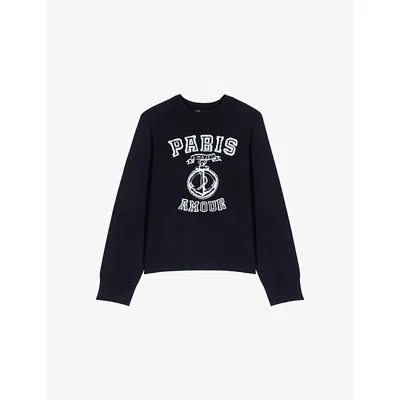 Maje Womens Navy Paris-slogan Round-neck Woven Jumper In Black