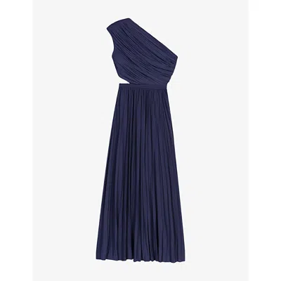 Maje Womens Navy Pleated One-shoulder Woven Maxi Dress In Blue
