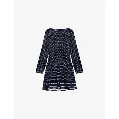 Maje Womens Navy Polka Dot Bandana Patterned Pleated Chiffon Midi Dress In Blue