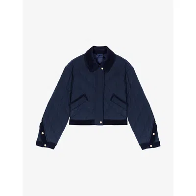 Maje Womens Navy Quilted Velvet-trim Woven Jacket In Blue