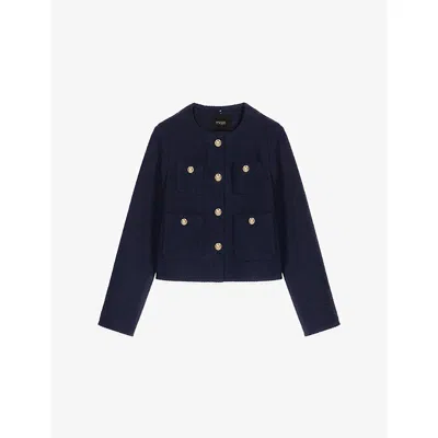 Maje Womens Navy Removable-collar Patch-pocket Short Tweed Jacket In Burgundy
