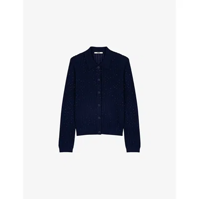 Maje Womens Navy Rhinestone-embellished Knitted Wool-blend Cardigan