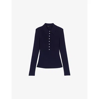 Maje Womens Navy Ribbed Wool And Silk Polo Jumper In Blue