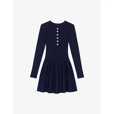 MAJE WOMENS NAVY ROUND-NECK FLARED-SKIRT STRETCH-KNIT MINI DRESS