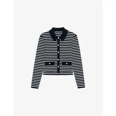 Maje Womens Navy Striped Polo-collar Knitted Cardigan In Black