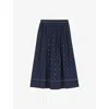 Maje Womens Navy Stud-embellished Contrast-stitching Stretch Cotton-blend Midi Skirt In Blue