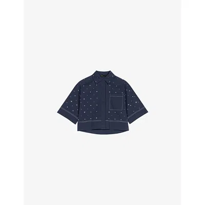Maje Womens Navy Stud-embellished Cropped Stretch Cotton-blend Shirt In Multi