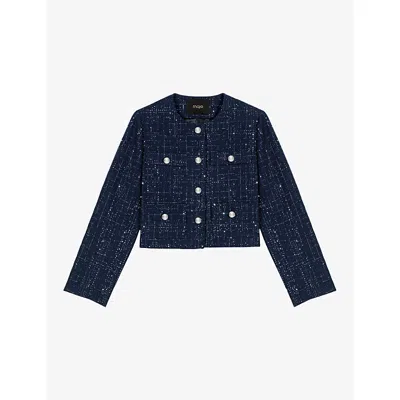 Maje Womens Navy Tweed-textured Cropped Cotton-blend Jacket In Blue
