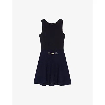 Maje Womens Navy Two-in-one Short-sleeve Tweed Mini Dress In Blue