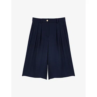 Maje Womens Navy Wide High-rise Linen-blend Bermuda Shorts In Blue