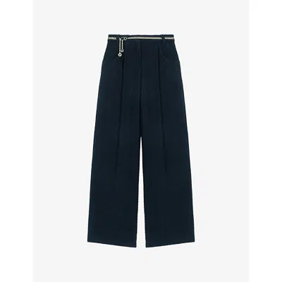 Maje Womens Navy Wide-leg Chain-belt Tweed Trousers In Blue