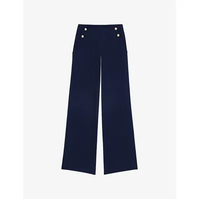 Maje Womens Navy Wide-leg Button-embellished Linen-blend Trousers In Blue