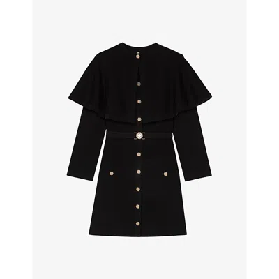 MAJE WOMENS NOIR / GRIS CAPE-DETAIL BELTED-WAIST KNITTED MINI DRESS